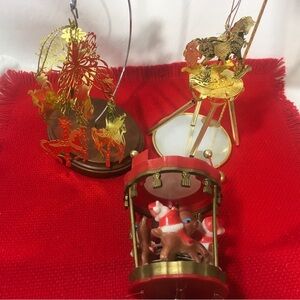 Horse Christmas Ornaments Vintage Wind Chime Carousel - Lot Of 3 Brass Plastic